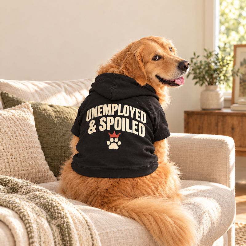 Golden retriever wearing the black UNEMPLOYED & SPOILED hoodie on a cream sofa