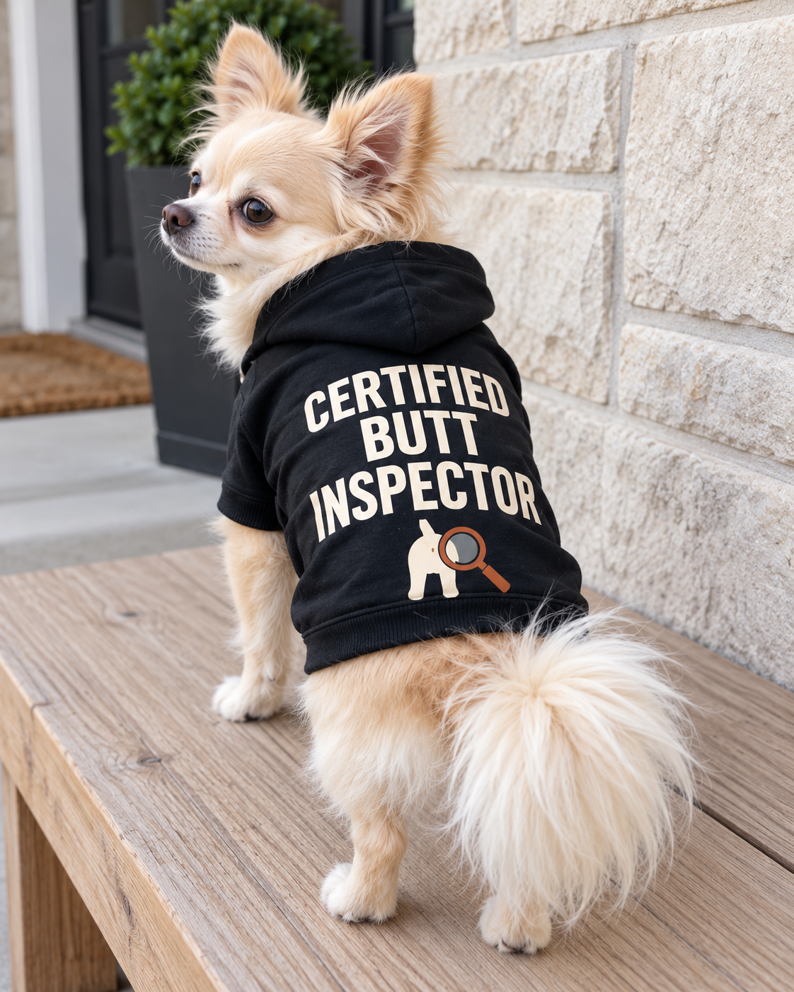 Cream Chihuahua wearing the black CERTIFIED BUTT INSPECTOR dog hoodie with a magnifying-glass graphic