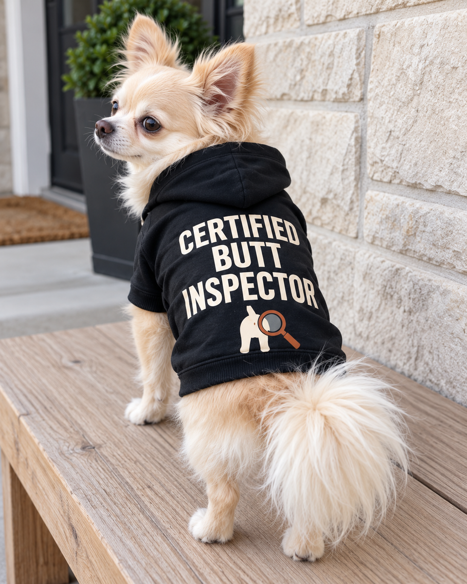 Cream Chihuahua wearing the black CERTIFIED BUTT INSPECTOR dog hoodie with a magnifying-glass graphic