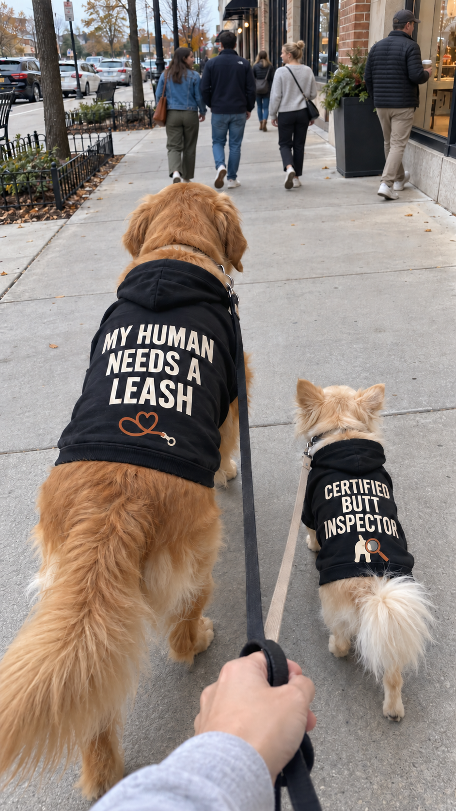 Two dogs on a neighborhood walk wearing MY HUMAN NEEDS A LEASH and CERTIFIED BUTT INSPECTOR black hoodies