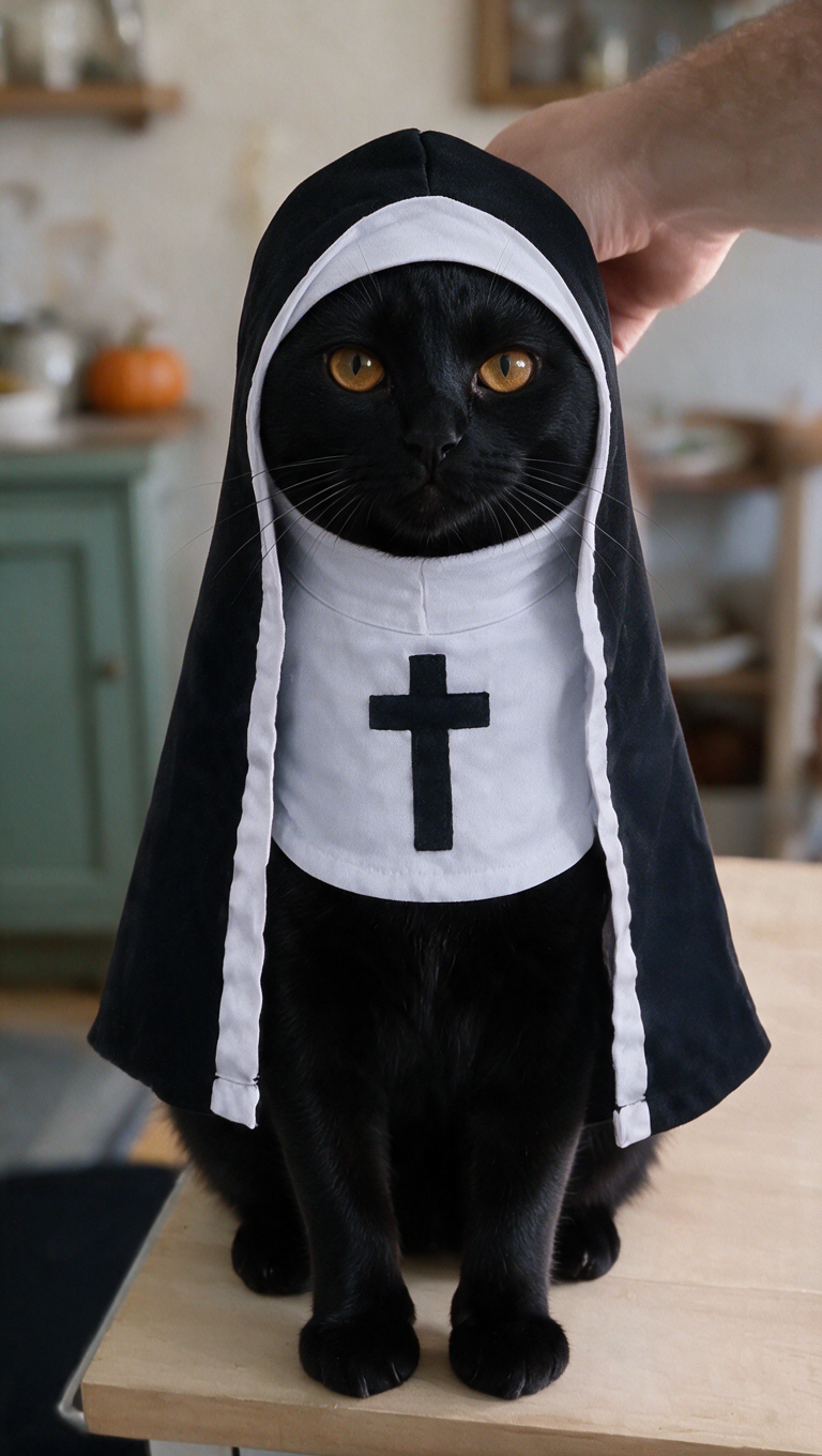 Black cat wearing a black-and-white nun costume