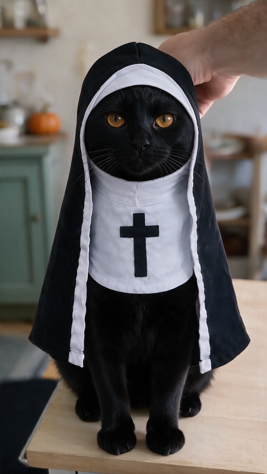 Chat noir avec le costume de nonne Sainte Nun