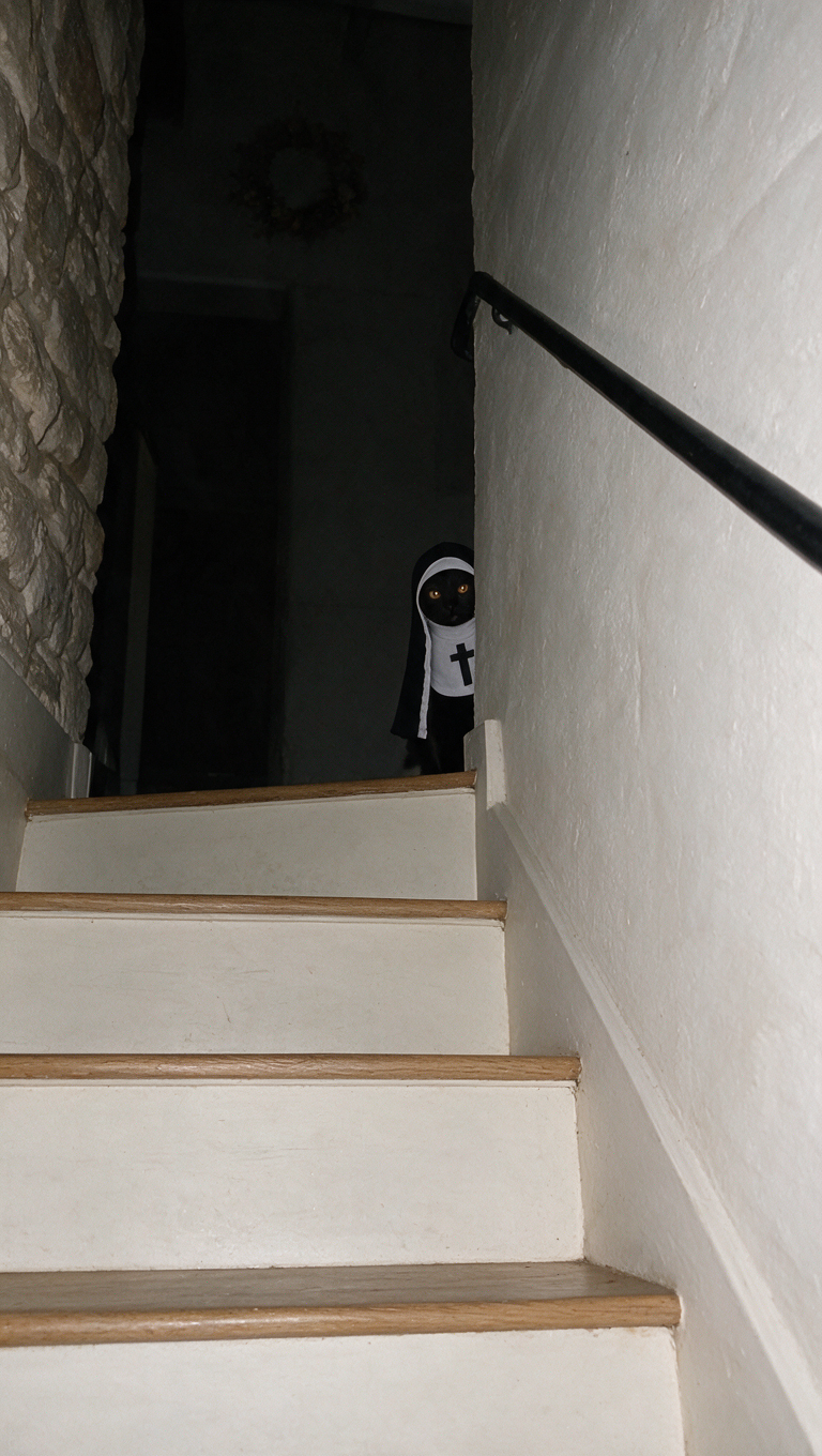 Black cat in a nun costume at the top of the stairs