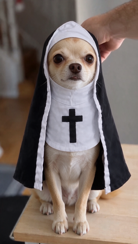 Chihuahua wearing the Holy Nun pet costume