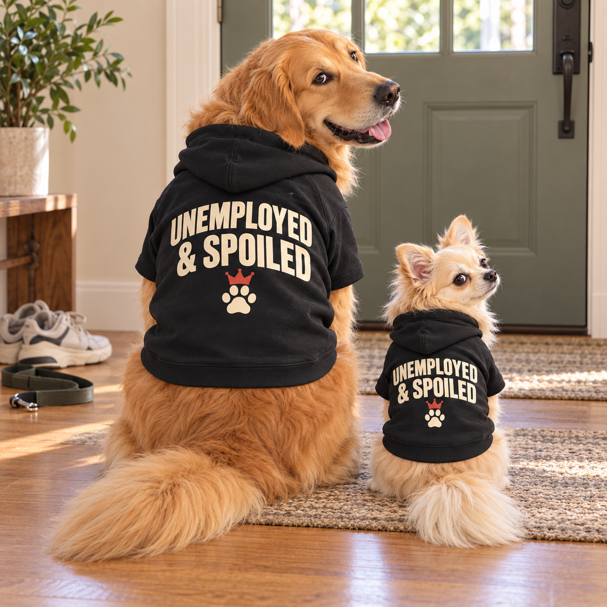 Kleiner und großer Hund im schwarzen UNEMPLOYED &amp; SPOILED Hoodie