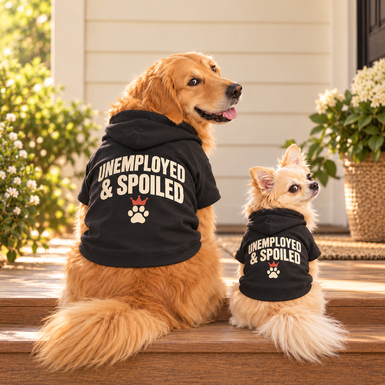 Golden Retriever und Chihuahua in passenden schwarzen UNEMPLOYED &amp; SPOILED Hoodies auf einer Veranda